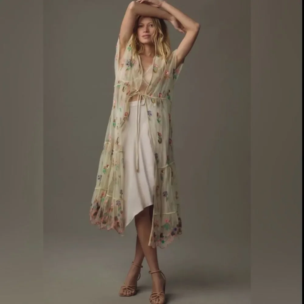 Anthropologie Bl-nk Sheer Floral Embroidered Overlay Duster Kimono - Picture 1 of 9